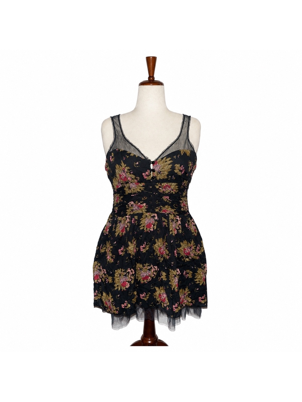 Paper Tee Women's Black Floral Mini Dress with Sheer Mesh Detail XL